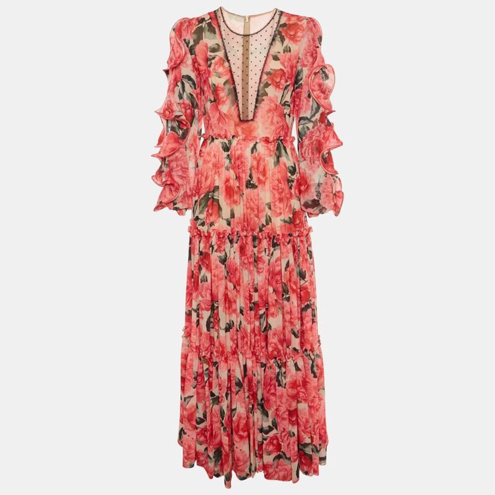 Costarellos Red Floral Print Chiffon Tiered Maxi Dress M